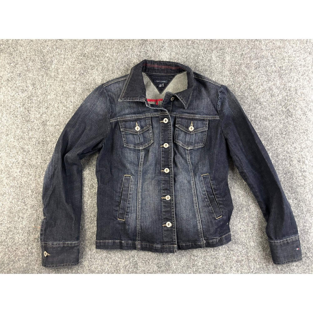 Tommy Hilfiger Denim Jacket Womens Large Dark Wash Button Front Fitted